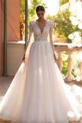 Shiny Lace Boho Wedding Dress A Line Long Sleeve Tulle Bridal Dresses Vintage Lace Wedding Gowns Ivory